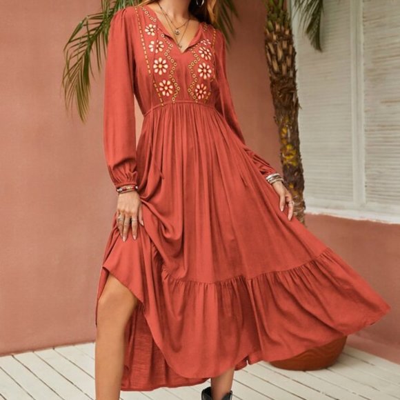 Dresses & Skirts - burnt Orange Flower Embroidered Ruffle Hem Dress